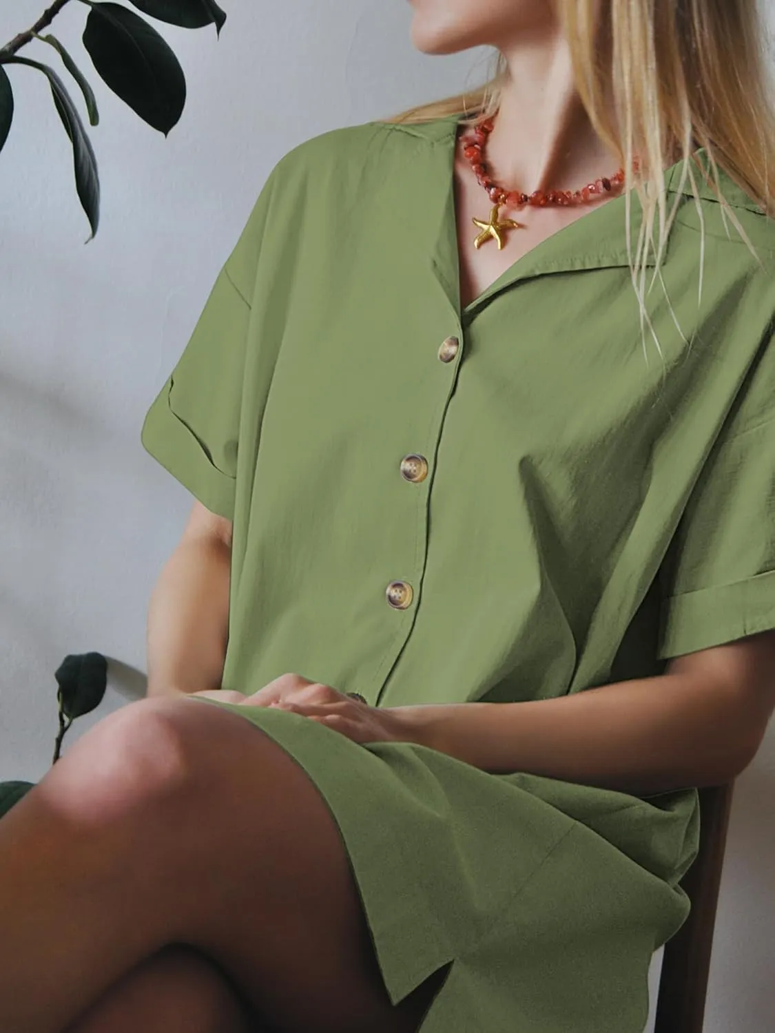 ZAFUL Women's 2025 Summer Button Down Dress Pockets Short Sleeves V-Neck Collar Vacation Beach Cotton T Shirt Dresses