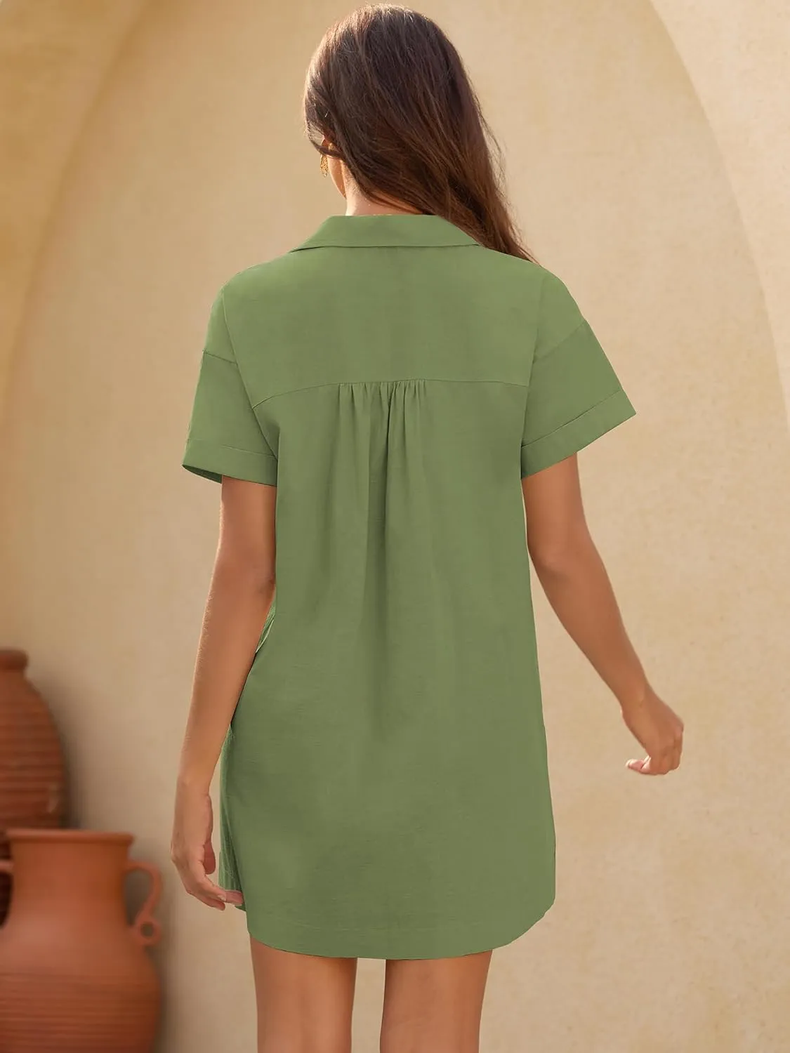ZAFUL Women's 2025 Summer Button Down Dress Pockets Short Sleeves V-Neck Collar Vacation Beach Cotton T Shirt Dresses