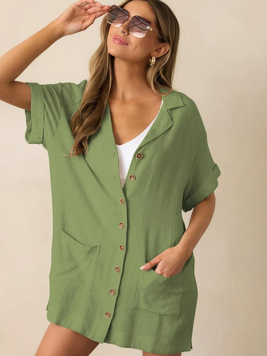 ZAFUL Women's 2025 Summer Button Down Dress Pockets Short Sleeves V-Neck Collar Vacation Beach Cotton T Shirt Dresses