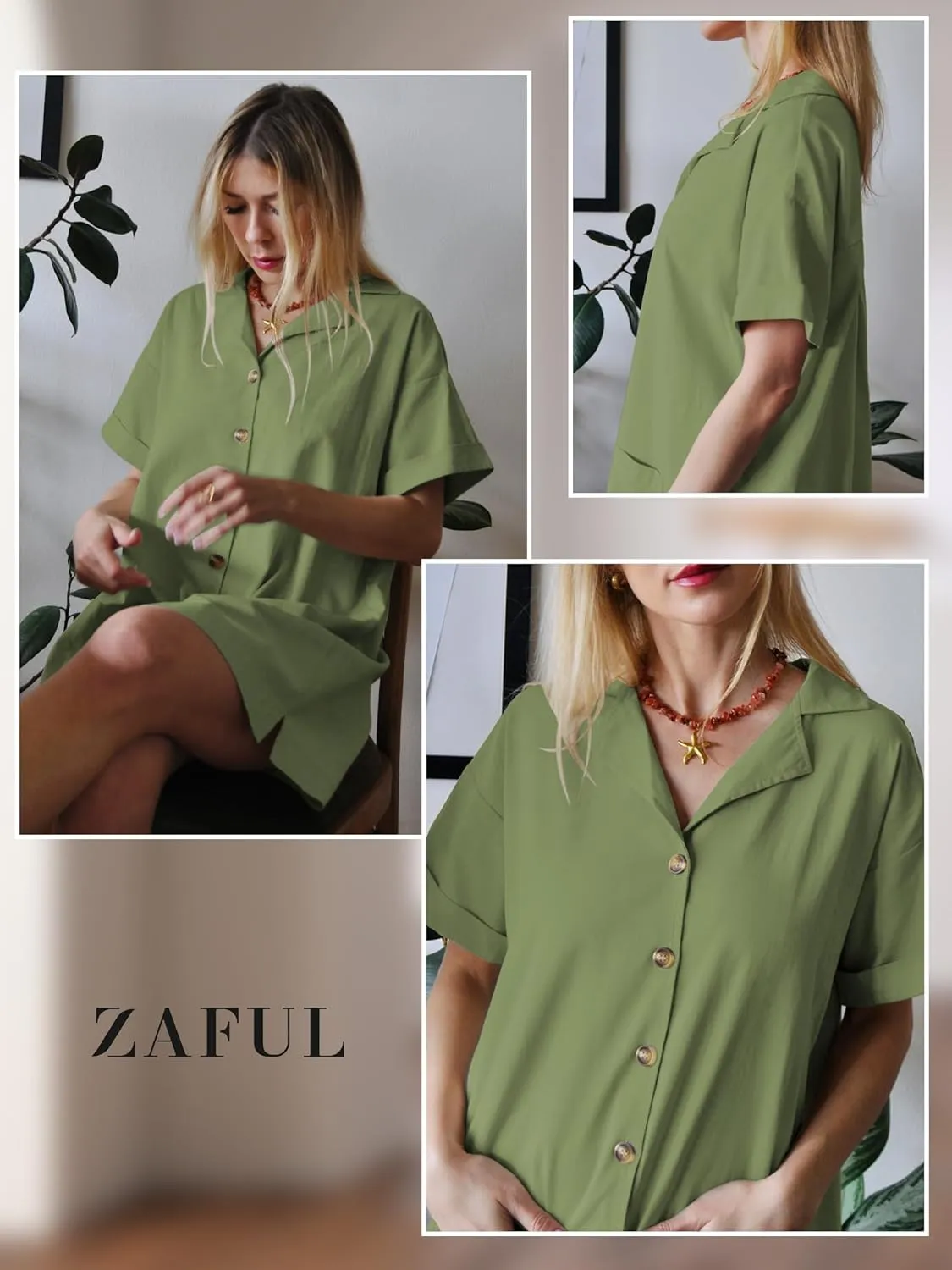 ZAFUL Women's 2025 Summer Button Down Dress Pockets Short Sleeves V-Neck Collar Vacation Beach Cotton T Shirt Dresses