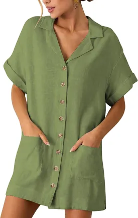 ZAFUL Women's 2025 Summer Button Down Dress Pockets Short Sleeves V-Neck Collar Vacation Beach Cotton T Shirt Dresses