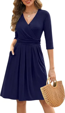 Zattcas Women's 2025 Spring Casual Dresses V Neck 3/4 Sleeve Empire Pleated Fit and Flare Knee Length Dress with Pockets