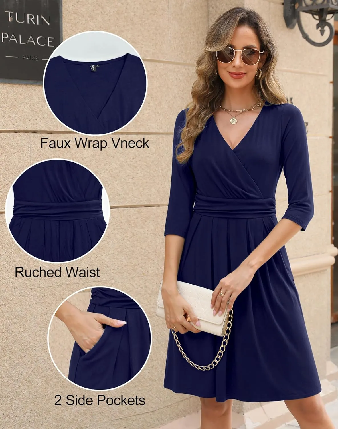 Zattcas Women's 2025 Spring Casual Dresses V Neck 3/4 Sleeve Empire Pleated Fit and Flare Knee Length Dress with Pockets