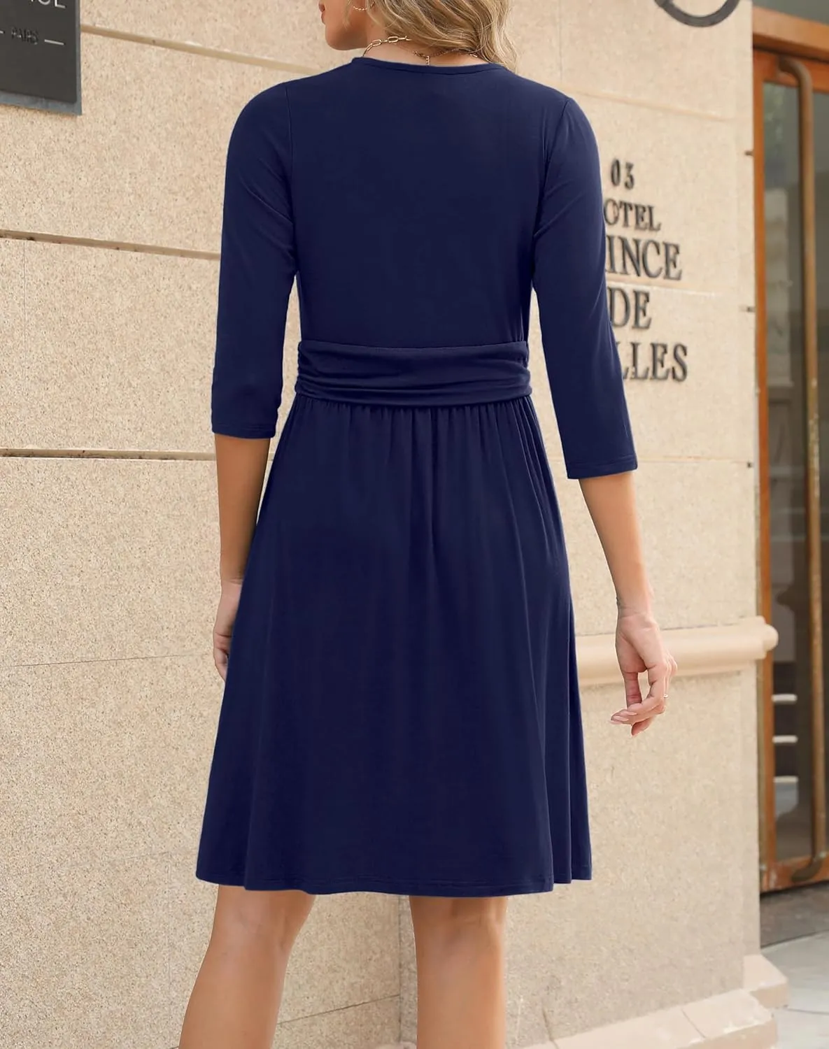Zattcas Women's 2025 Spring Casual Dresses V Neck 3/4 Sleeve Empire Pleated Fit and Flare Knee Length Dress with Pockets