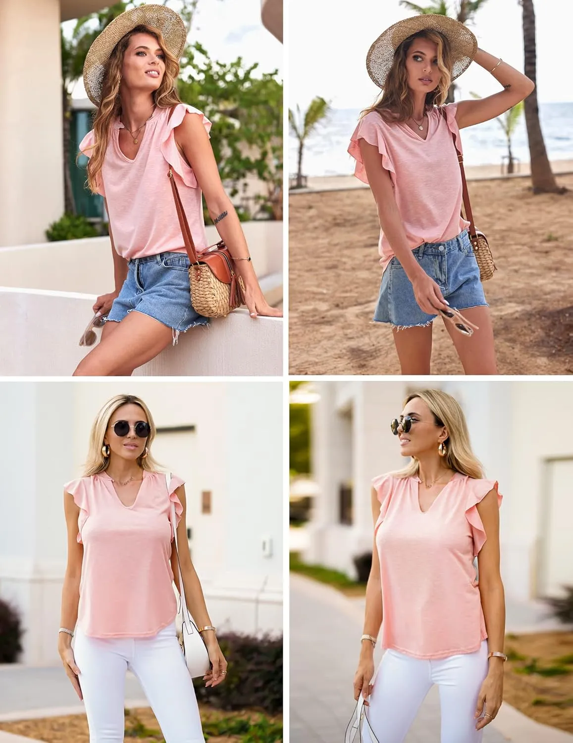 Zeagoo Women's Casual Ruffle Sleeve Summer Tops Sexy V Neck Shirts Short Sleeve Loose T Shirt Blouses