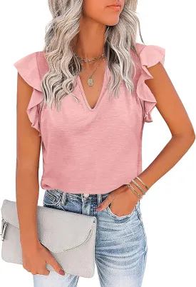 Zeagoo Women's Casual Ruffle Sleeve Summer Tops Sexy V Neck Shirts Short Sleeve Loose T Shirt Blouses